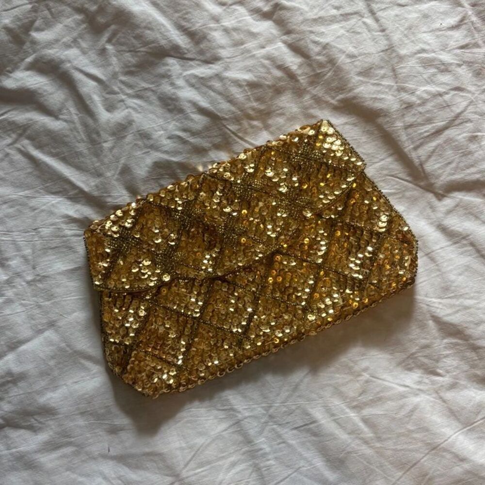 Vintage La Regale Gold Sequin Clutch Made in Japan Evening Elegant Wedding Party
